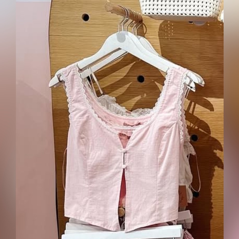 Pink Sleeveless Crop Top with Lace Trim